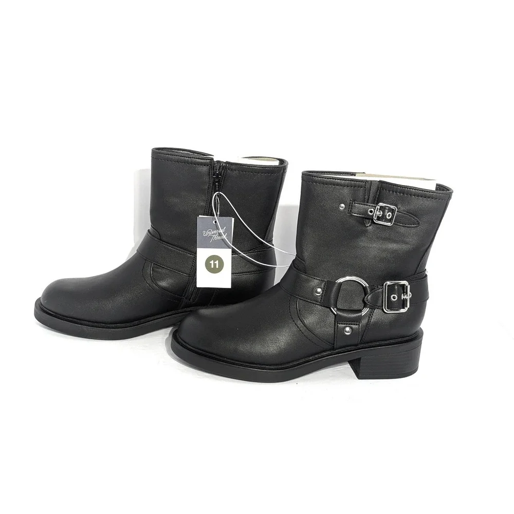 Black Moto Harness Ankle Boot 11 Buckle Strap Biker Western Side Zip Chunky Heel - Picture 2 of 6